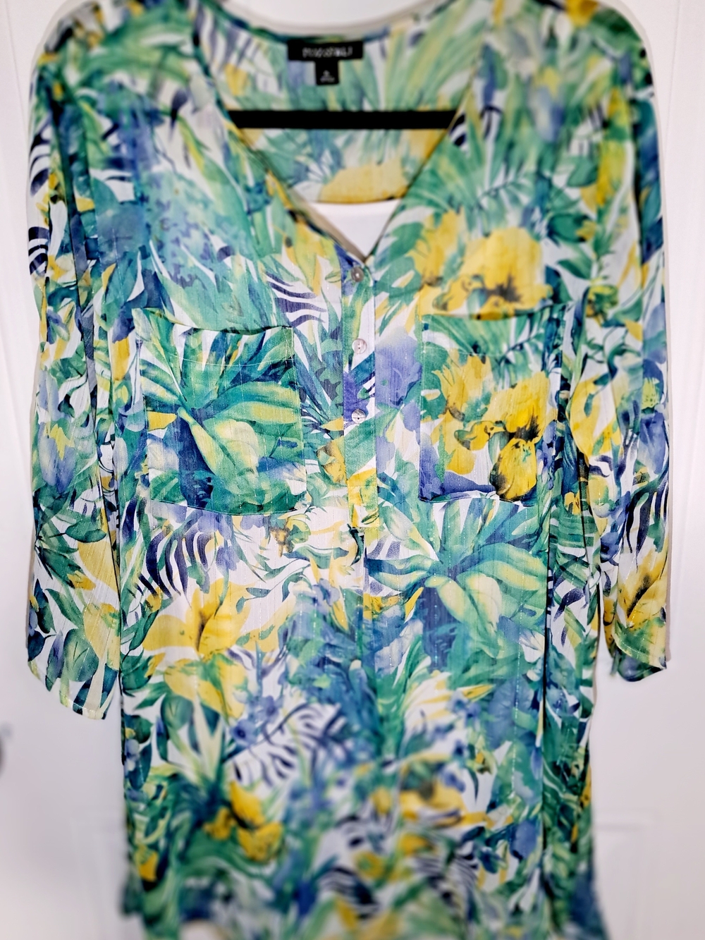 Roz & Ali Green, Yellow & Blue Tropical-Print Tunic Dress